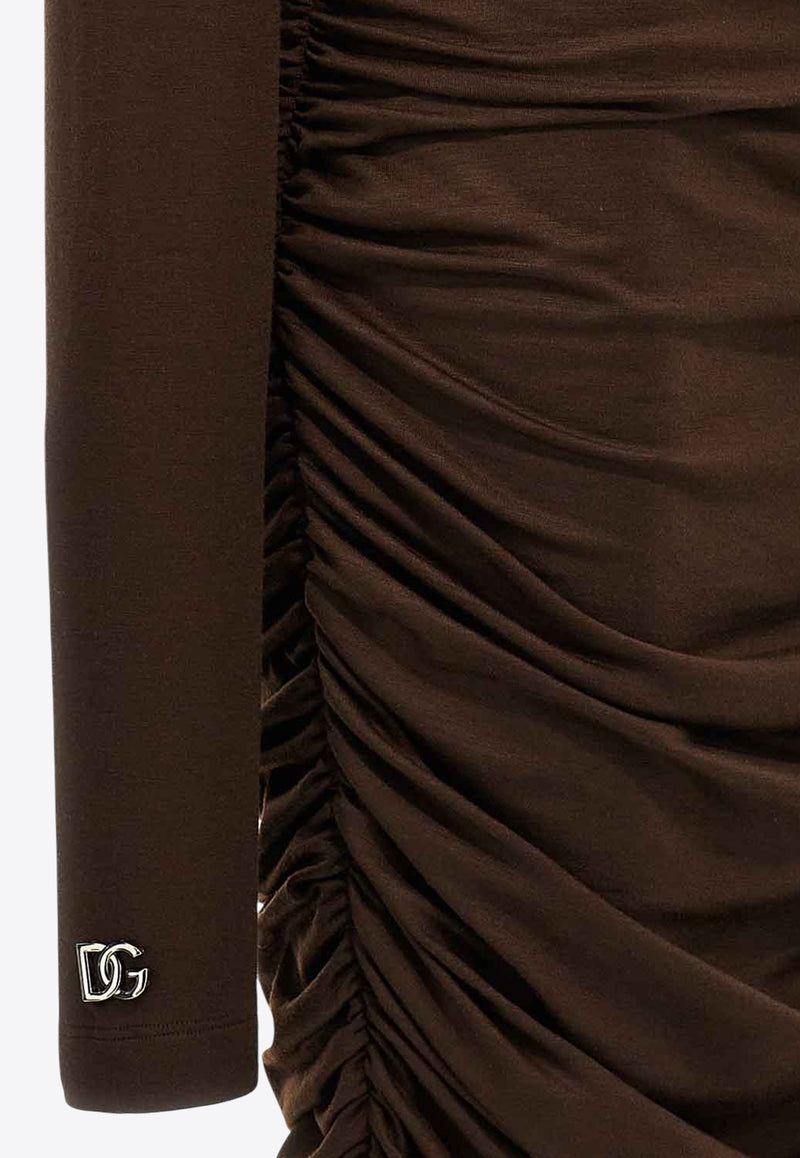 Dolce & Gabbana Off-Shoulder Midi Ruched Dress Brown F6COMT FUGRH M1512