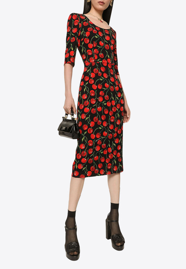 Dolce & Gabbana Cherry Print Charmeuse Midi Dress Multicolor F6CPNT FSA4Z HN4IY