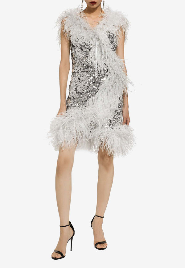 Dolce & Gabbana Feather-Embellished Sequin Mini Dress F6DKWT HLMZM S0998 Silver