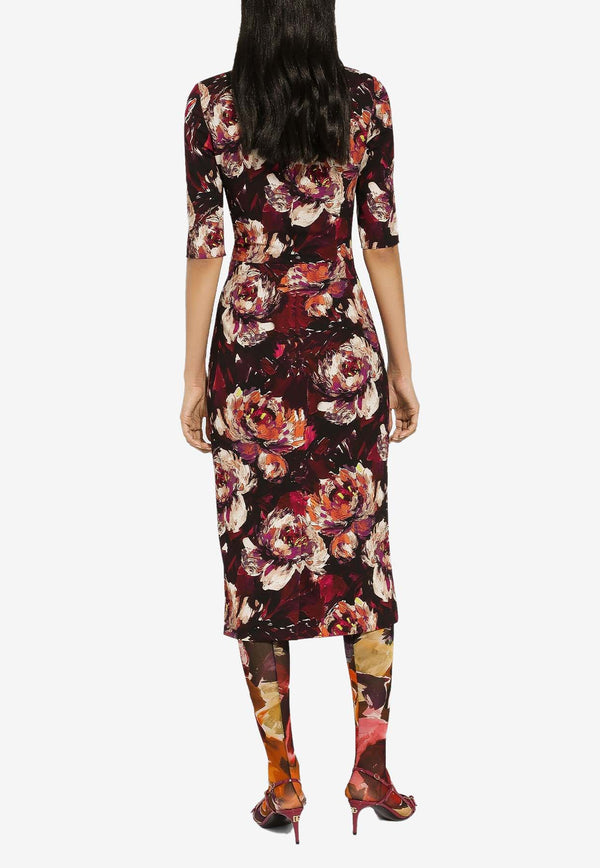 Dolce & Gabbana Peony Print Sleeved Midi Dress F6EAJT FSIBD HR4YC