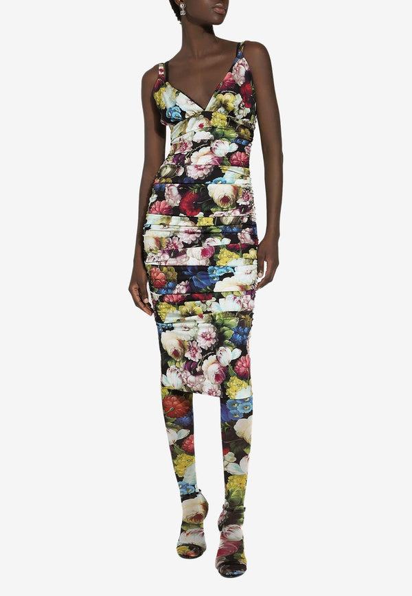 Dolce & Gabbana V-neck Nocturnal Flower-Print Midi Dress F6EAYT FSA6A HN4YF