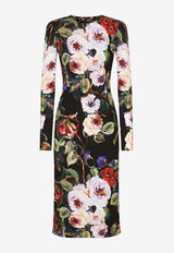 Dolce & Gabbana Sleeved Rose Garden Print Midi Dress F6GAVT FSA56 HN4YA