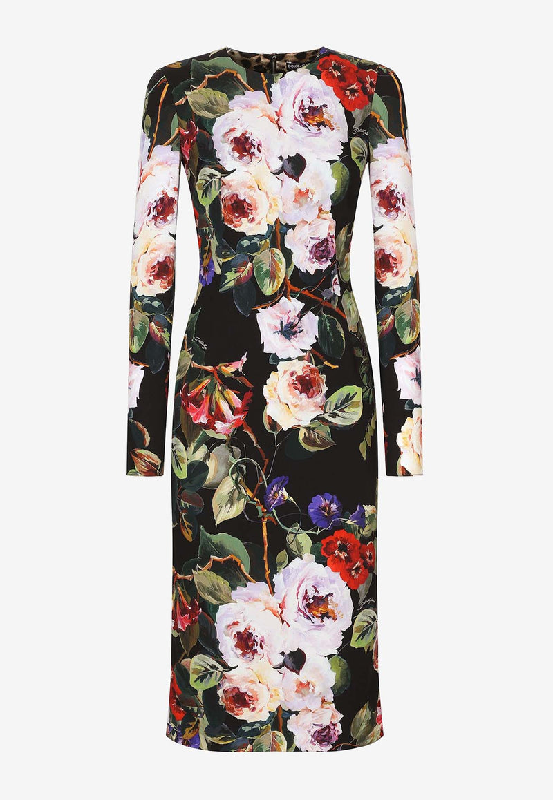 Dolce & Gabbana Sleeved Rose Garden Print Midi Dress F6GAVT FSA56 HN4YA
