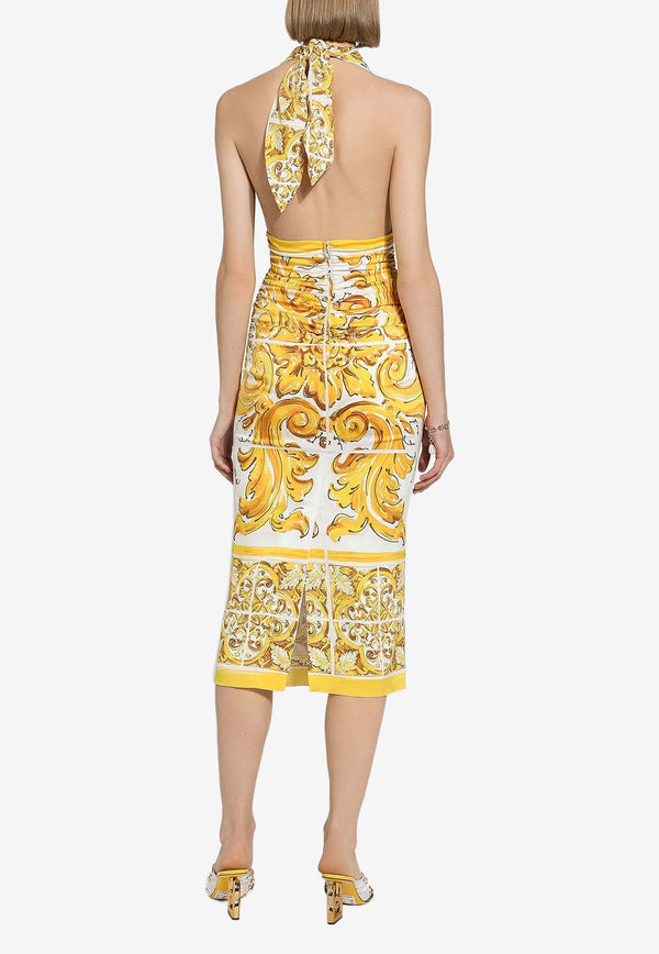 Dolce & Gabbana Majolica Print Silk Midi Corset Dress F6JDGT FHAA4 H45DQ Yellow