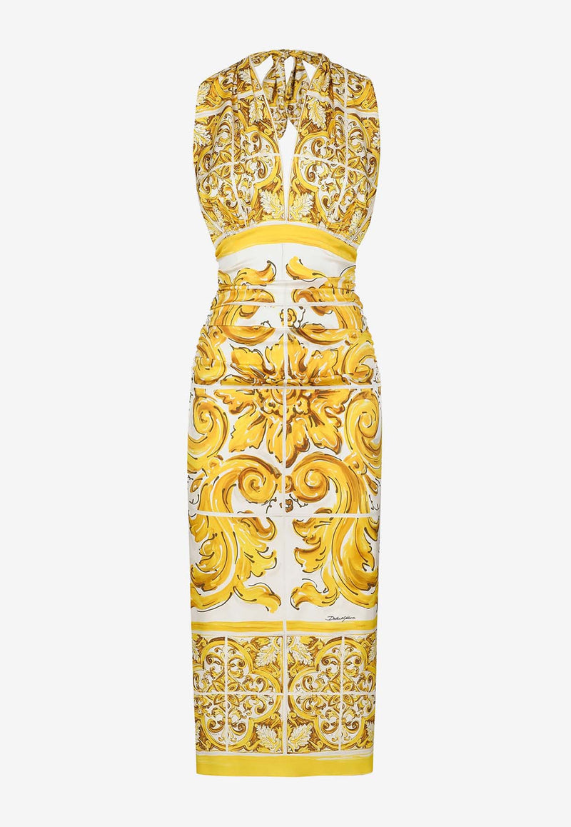 Dolce & Gabbana Majolica Print Silk Midi Corset Dress F6JDGT FHAA4 H45DQ Yellow