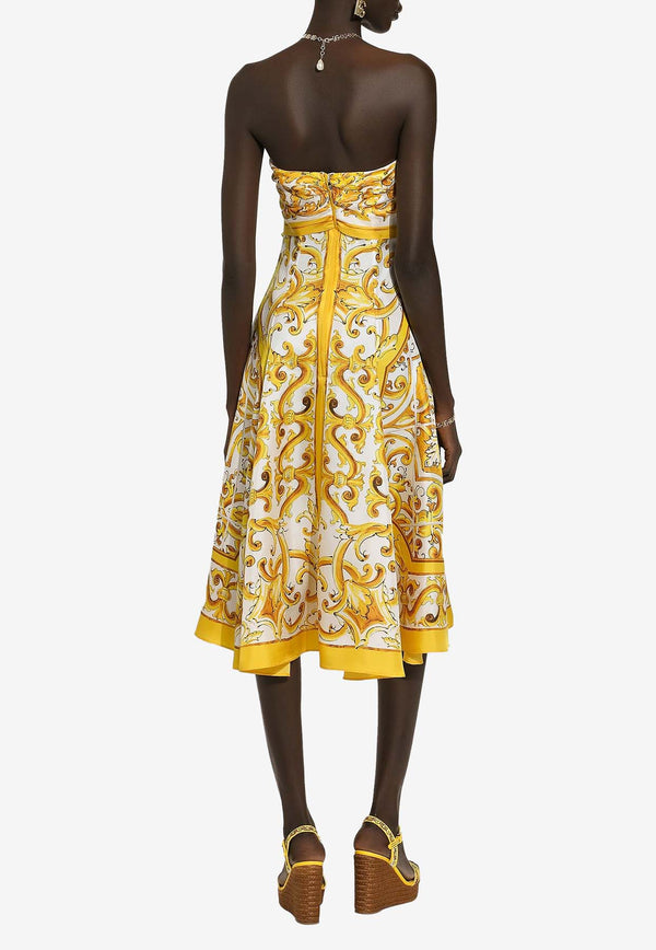 Dolce & Gabbana Majolica Print Strapless Silk Midi Dress F6JFQT HI1T1 HG5DQ Yellow