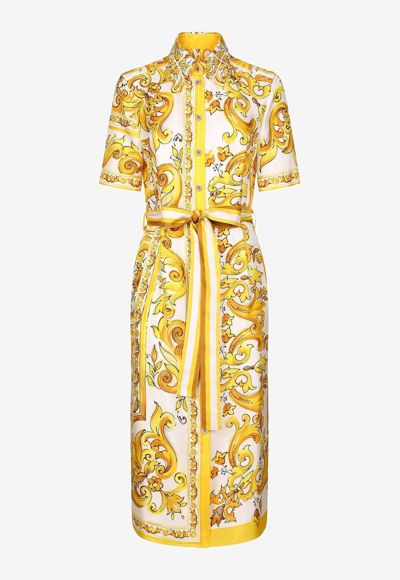 Dolce & Gabbana Majolica Print Silk Midi Shirt Dress F6JICT HI1TK HG3TN Yellow