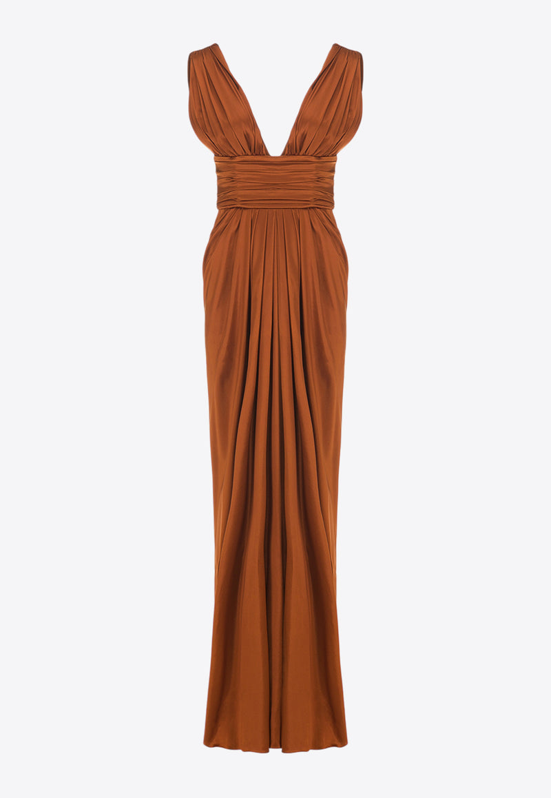 Dolce & Gabbana Silk V-neck Maxi Dress Brown F6K2JT FU1NG R1744