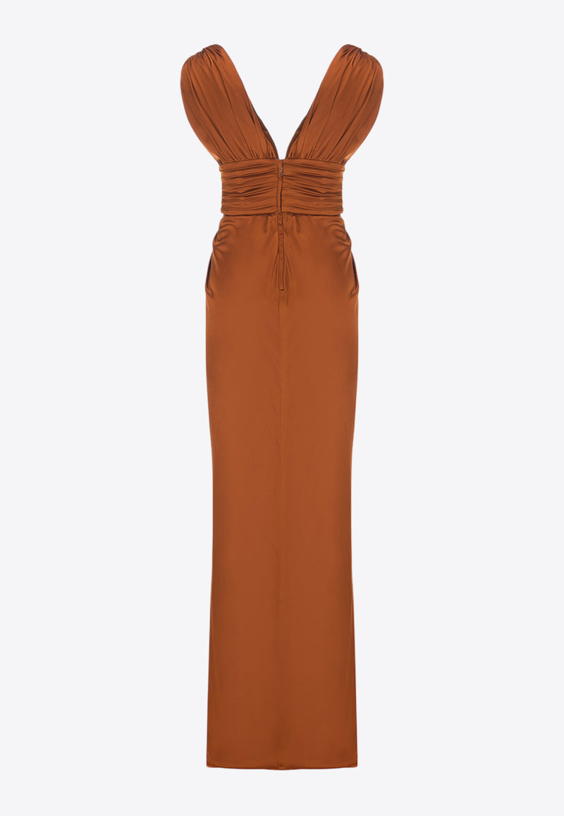 Dolce & Gabbana Silk V-neck Maxi Dress Brown F6K2JT FU1NG R1744