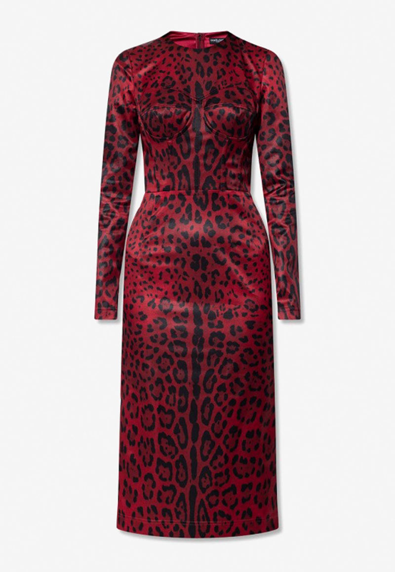 Dolce & Gabbana Leopard Print Long-Sleeved Midi Dress Red F6W3TT FSSGW HR13N
