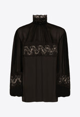 Dolce & Gabbana Georgette Lace-Trimmed Turtleneck Blouse Black F779LT FU1AR N0000