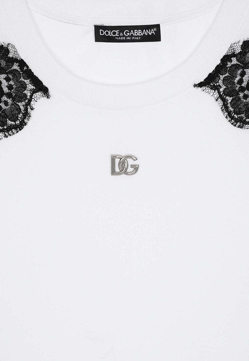 Dolce & Gabbana Logo Plaque T-shirt with Lace Inserts F8N08T GDB7U S9000