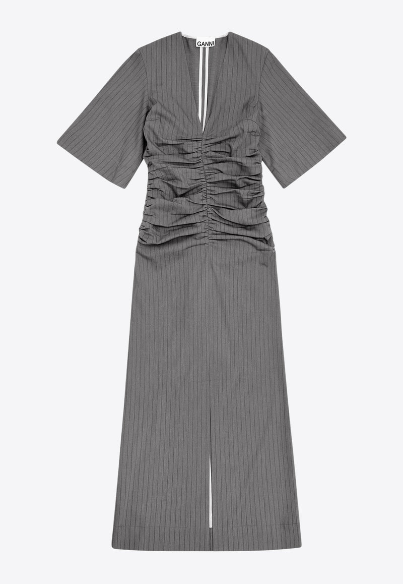 GANNI Pinstripe V-neck Midi Dress Gray F9713GREY