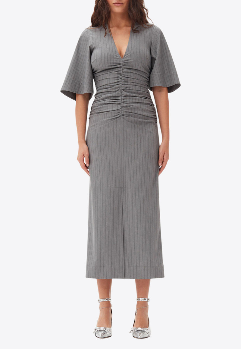 GANNI Pinstripe V-neck Midi Dress Gray F9713GREY