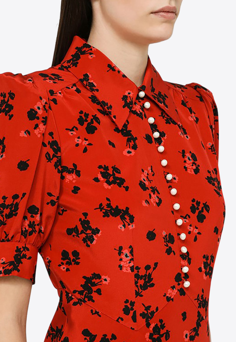 Alessandra Rich Rose Print Midi Shirt Dress Red FABX3598F4212/O_ALESS-1993