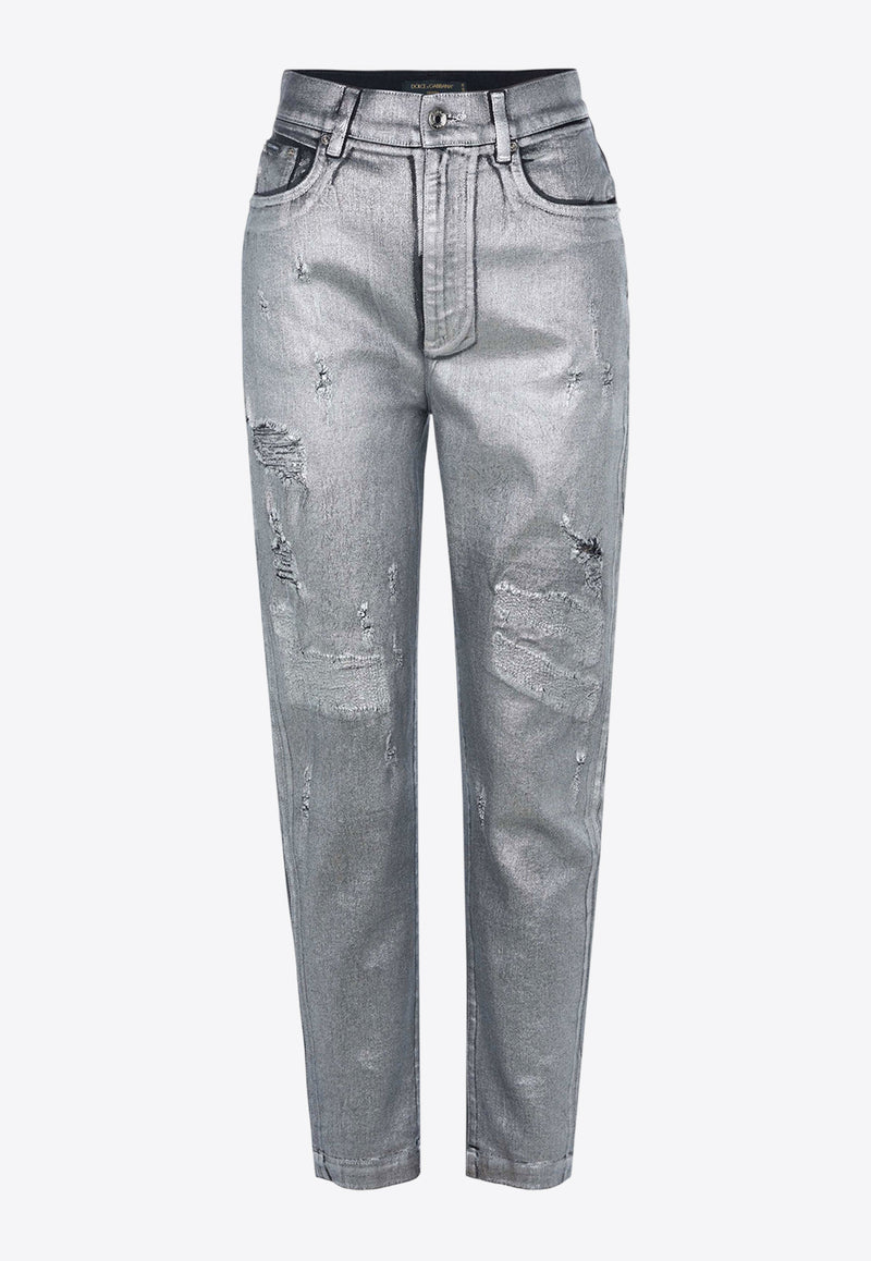Dolce & Gabbana High-Waist Distressed Metallic Jeans Silver FTBXGD G902Z S0998