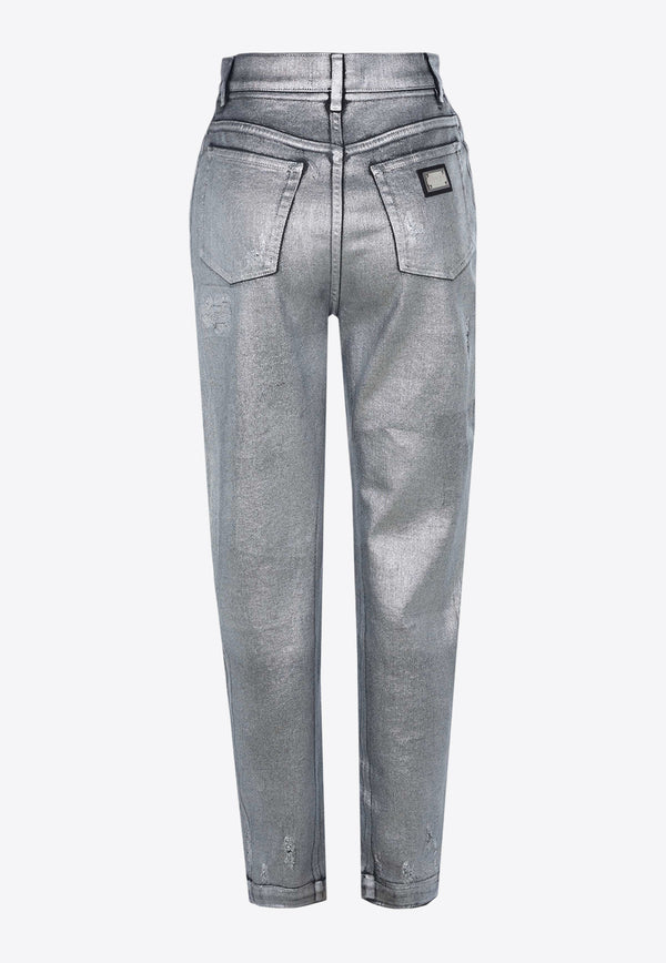 Dolce & Gabbana High-Waist Distressed Metallic Jeans Silver FTBXGD G902Z S0998
