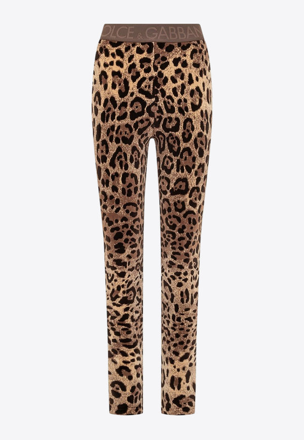 Dolce & Gabbana Leopard Print Leggings with Branded Waistband Brown FTCQKT FJ7D5 S8350