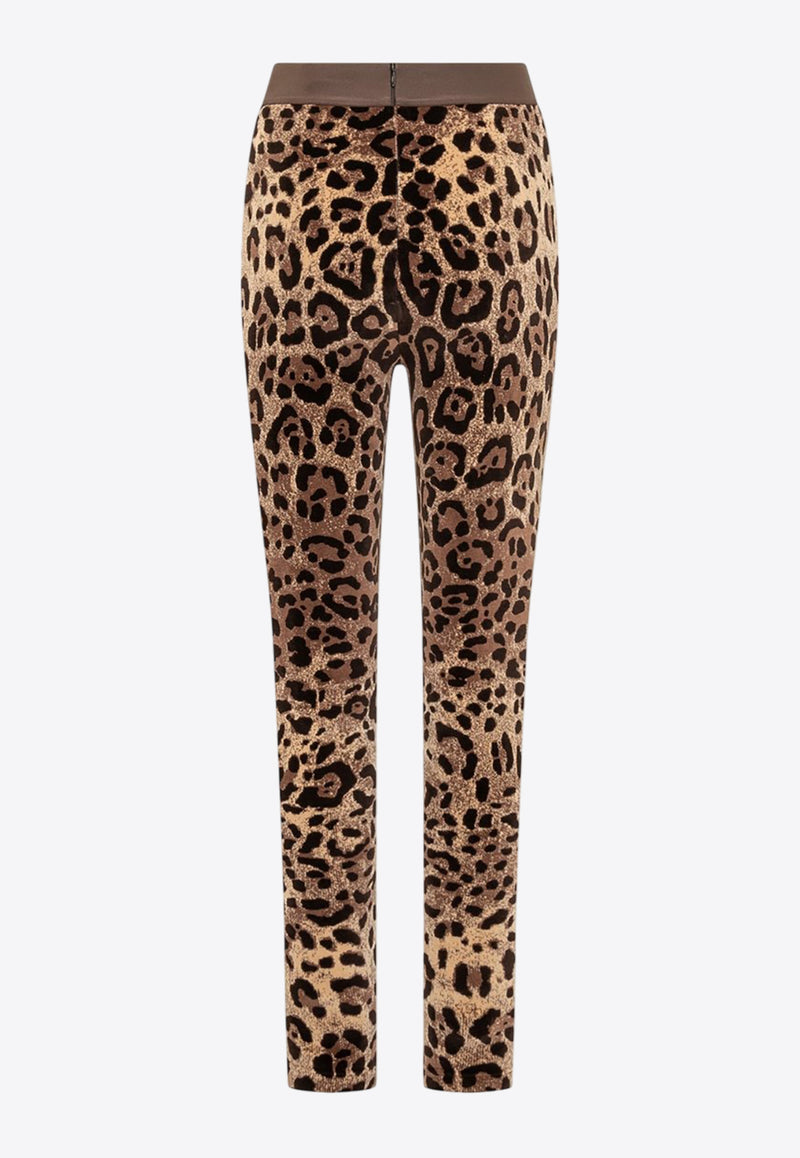 Dolce & Gabbana Leopard Print Leggings with Branded Waistband Brown FTCQKT FJ7D5 S8350