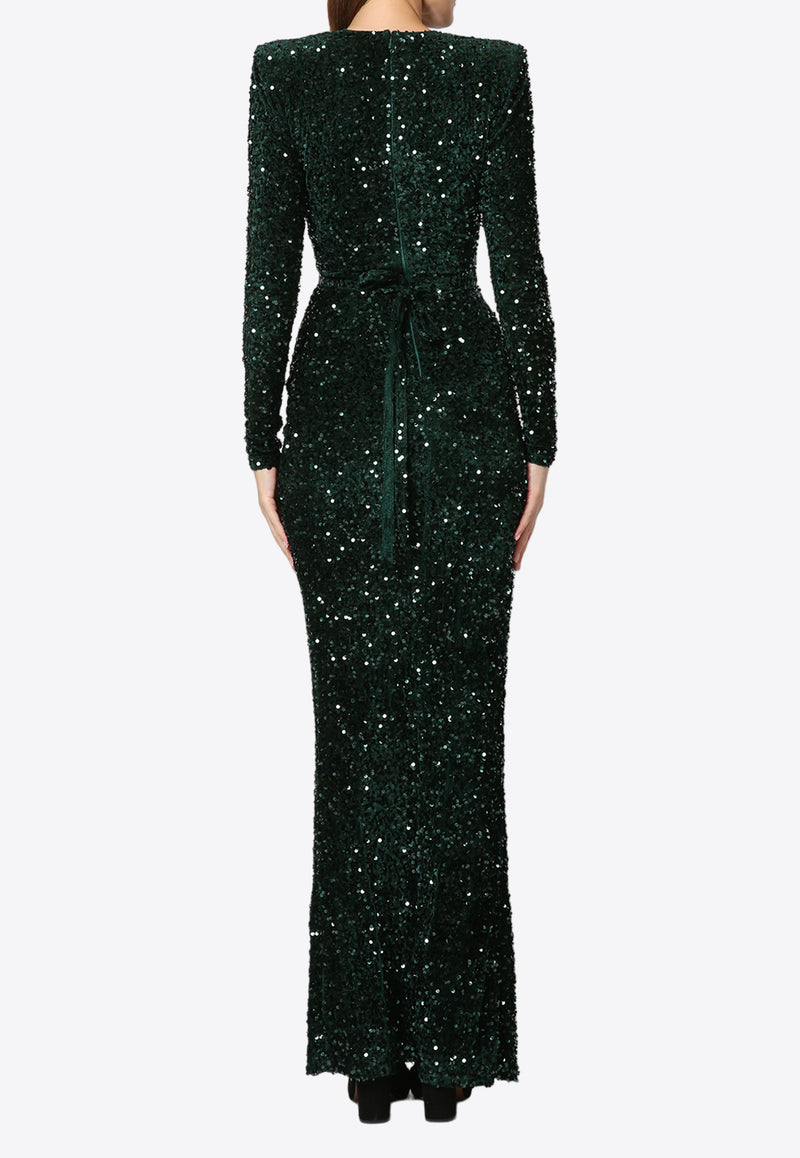 Zeena Zaki Sequined V-neck Gown Green FW20/21-20-GNGREEN