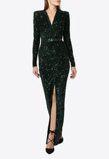 Zeena Zaki Sequined V-neck Gown Green FW20/21-20-GNGREEN