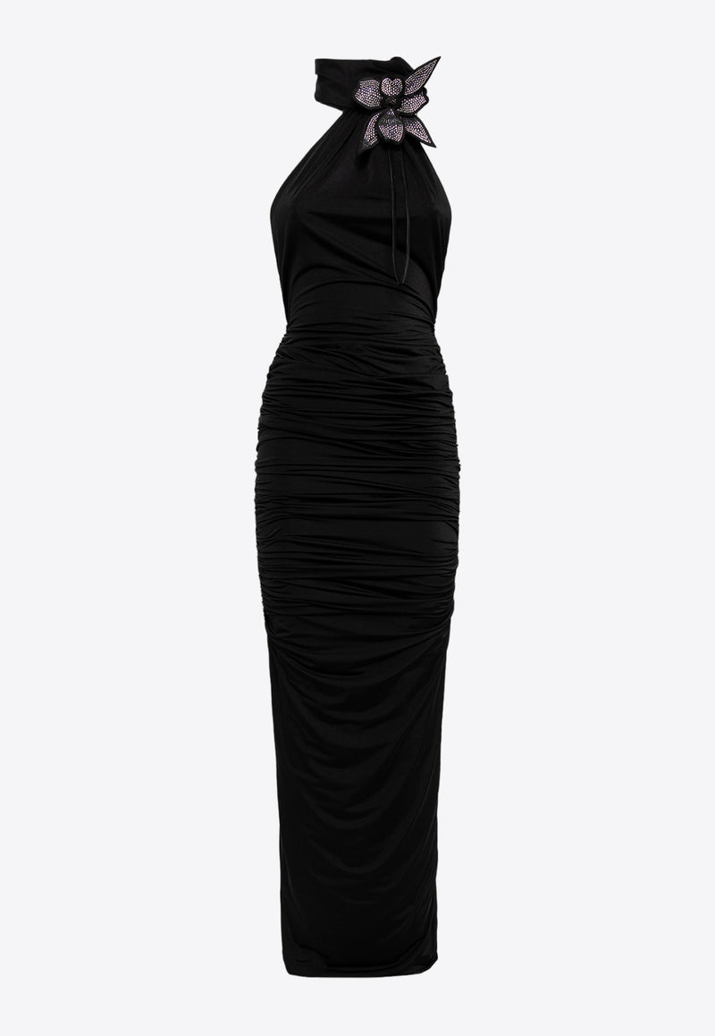 Guiseppe Di Morabito Halter Maxi Dress with Crystal Floral Brooch FW23098LD-FO-267BLACK