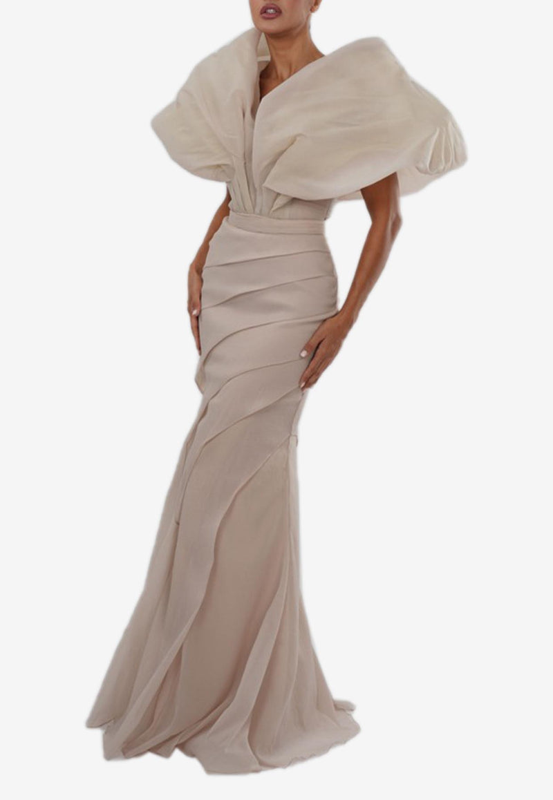 Zeena Zaki Draped Organza Gown FW24/25-02-BG Beige