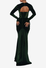 Zeena Zaki Long-Sleeved Velvet Gown FW24/25-03-GN Green