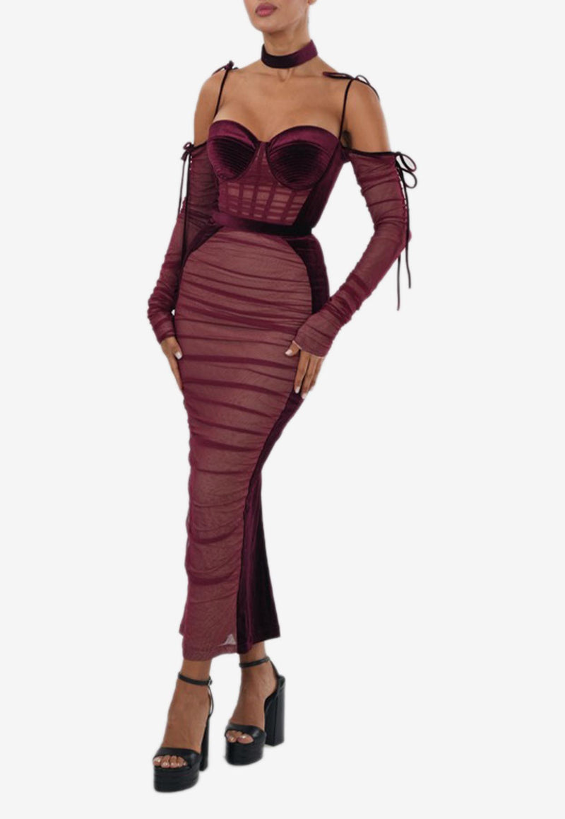 Zeena Zaki Off-Shoulder Velvet Midi Dress FW24/25-04-MN Maroon