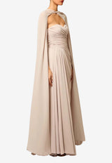 Zeena Zaki Strapless Ruched Gown with Cape Beige FW25/26-04-BG