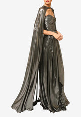 Zeena Zaki Strapless Metallic Gown with Cape Silver FW25/26-07-SLV