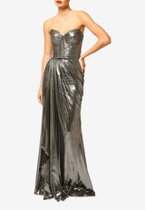 Zeena Zaki Strapless Metallic Gown with Cape Silver FW25/26-07-SLV