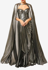 Zeena Zaki Strapless Metallic Gown with Cape Silver FW25/26-07-SLV