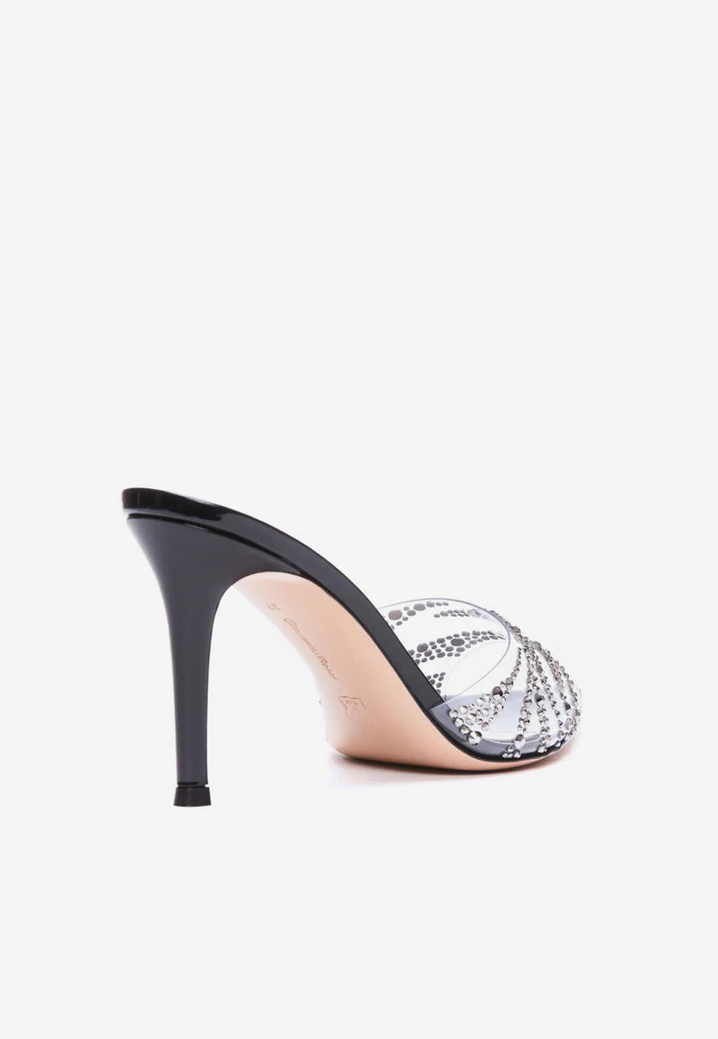 Gianvito Rossi Rania 85 Crystal-Embellished Mules Black G15030 85RIC PXVTRNE PATENT TRASP BLACK