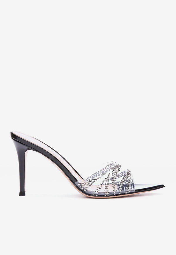 Gianvito Rossi Rania 85 Crystal-Embellished Mules Black G15030 85RIC PXVTRNE PATENT TRASP BLACK