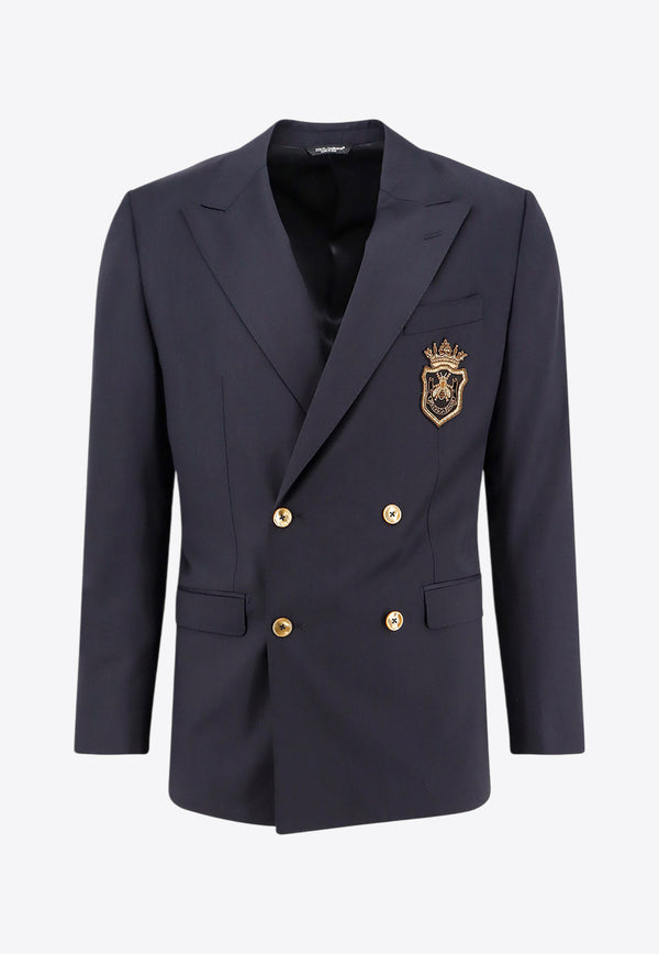 Dolce & Gabbana Logo Patch Double-Breasted Wool Blazer Blue G2TJ8ZFUBFA_B4902