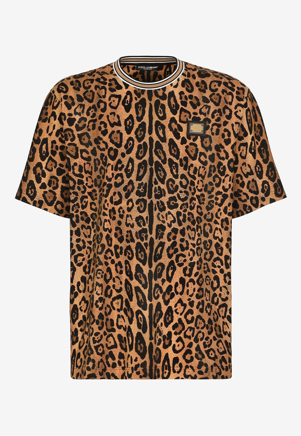 Dolce & Gabbana Logo Plaque Leopard Print T-shirt Brown G8PN9T II7B0 HXNBM