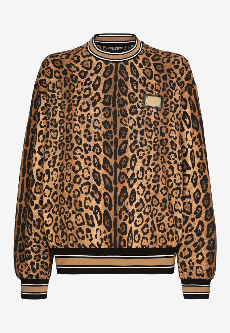 Dolce & Gabbana Logo Plaque Leopard Print Sweatshirt Brown G9AHST II7B4 HXNBM