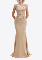 GEMY MAALOUF Embroidered Draped Gown Tan GMR26 7745LD_TAN