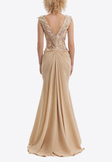 GEMY MAALOUF Embroidered Draped Gown Tan GMR26 7745LD_TAN