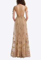 GEMY MAALOUF V-neck Embroidered Tulle Gown Gold GMR26 7754LD_GOLD