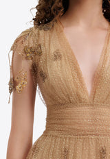 GEMY MAALOUF V-neck Embroidered Tulle Gown Gold GMR26 7754LD_GOLD