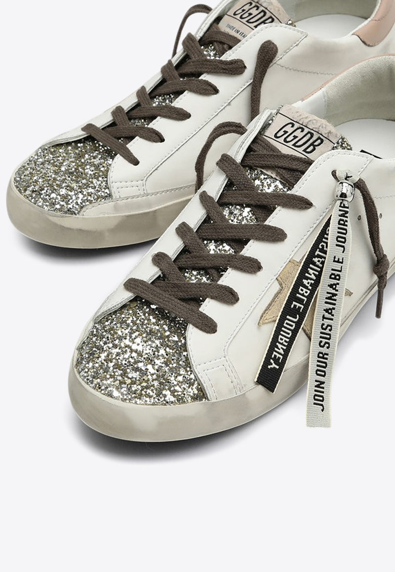 Golden Goose DB Super-Star Distressed Leather Sneakers with Glittered Toe Cap White GWF00102F006236/P_GOLDE-11941