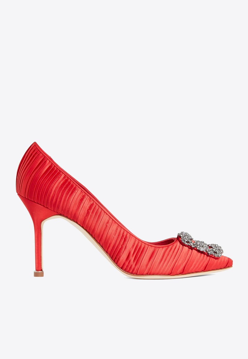 Manolo Blahnik Hangisi 90 Crystal Buckle Satin Pumps HANGISI FMC 90 RED 994B 1979-0001 Red