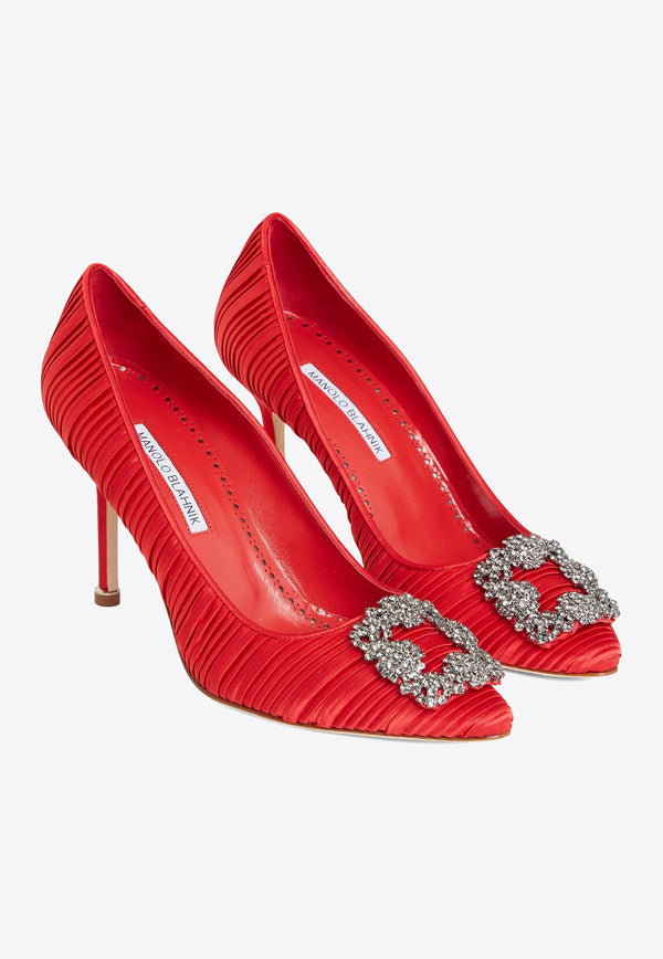 Manolo Blahnik Hangisi 90 Crystal Buckle Satin Pumps HANGISI FMC 90 RED 994B 1979-0001 Red