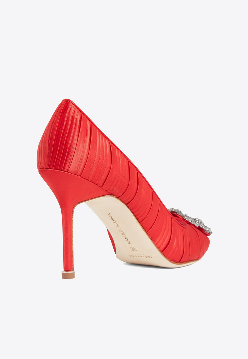 Manolo Blahnik Hangisi 90 Crystal Buckle Satin Pumps HANGISI FMC 90 RED 994B 1979-0001 Red