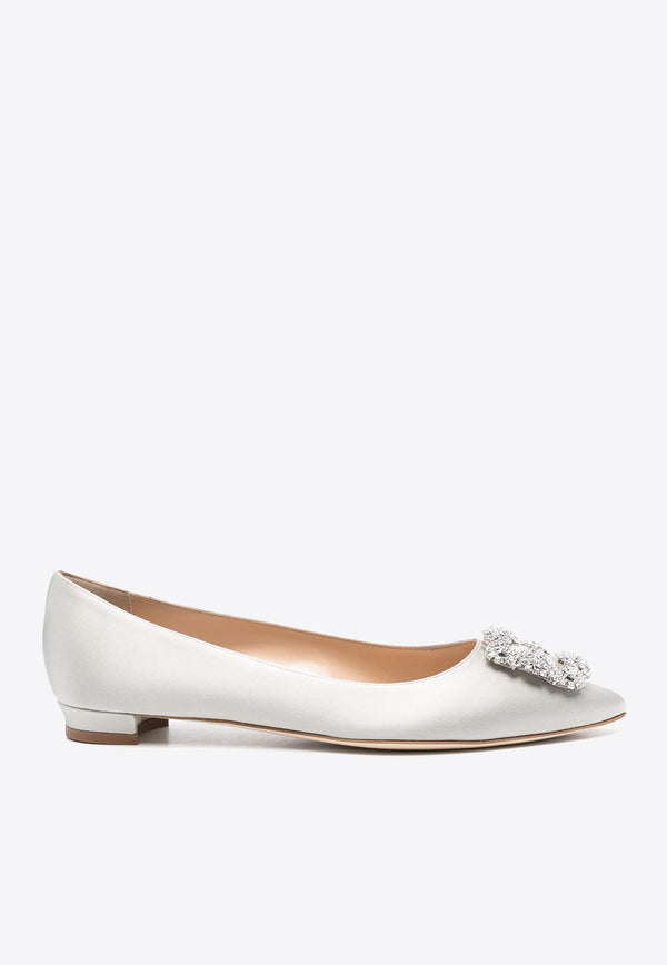 Manolo Blahnik Hangisiflat Crystal Buckle Satin Ballet Flats HANGISIFLAT CLC 10 GREY 0502 0347-0052 Gray