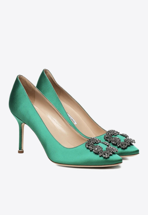 Manolo Blahnik Hangisi 90 Satin Pumps with FMC Crystal Buckle HANGISI FMC 90 GREEN 3206 0663-0046