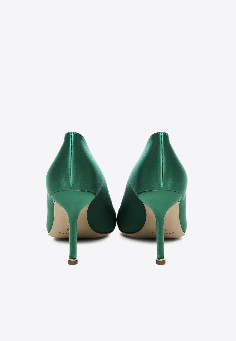 Manolo Blahnik Hangisi 90 Satin Pumps with FMC Crystal Buckle HANGISI FMC 90 GREEN 3206 0663-0046