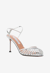 Aquazzura Hold Me 85 Metallic Leather Cage Sandals Silver HDMMIDS0-SSYCCC SILVER